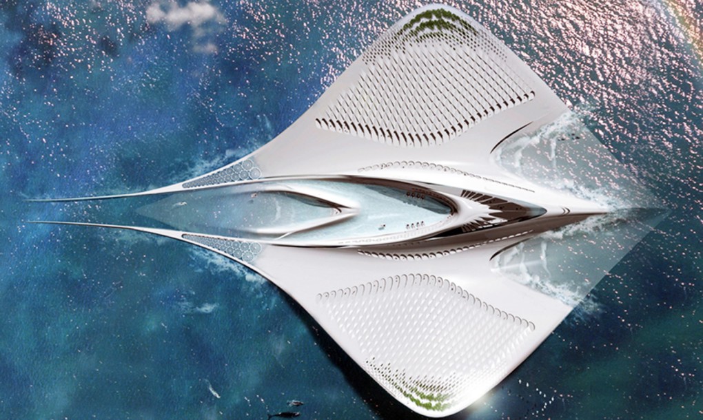 Jacques Rougerie vislumbra uma cidade flutuante em forma de uma Raia Manta que seria totalmente auto-sustentável. (Divulgação / Jacques Rougerie)